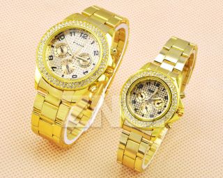 Gold Herren Damen Armbanduhr Uhr Edelstahlarmband Quaruhr M.  Kristall &etui Bild