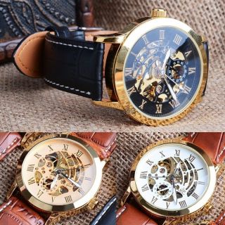 Männer Luxus Leder - Gold Dial Hohl Skeleton Mechanische Armee Sport - Armbanduhr Bild