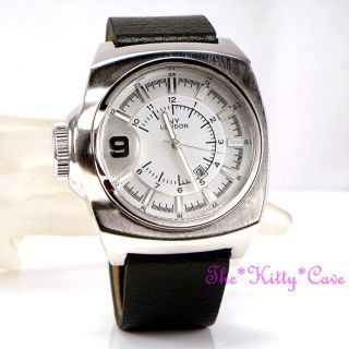 Retro Square Designer Silber Rhodium Plattierte Armbanduhr Leder Datumsanzeige Bild