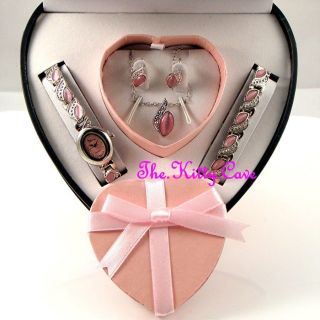 Deco Silber Pink Katze Augen Damen Watch Bracelet Halskette Ohrringe Herz Bild