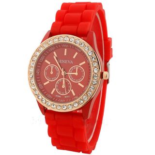 Damen Mädchen Uhr Rot Silikon Armband Uhr Mode Strass Uhr Einfach Abzulesen Bild