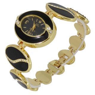 L2 Damen Schwarz Enamel Gelb Gold Gold Ton Diamante Armband Armbanduhr Bild