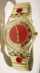 ♥♥ Hübsche Goldene Swatch Mit Roten Glitzersteinen ♥ Gold Rot Damen Mädchen Uhr Armbanduhren Bild 1