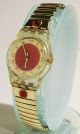 ♥♥ Hübsche Goldene Swatch Mit Roten Glitzersteinen ♥ Gold Rot Damen Mädchen Uhr Armbanduhren Bild 2