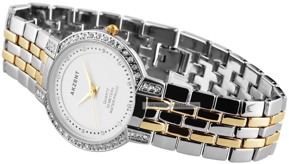 Damen Uhr Akzent Bicolor Weiß Gold Silber Strass Metall Armbanduhr Armbanduhren Bild