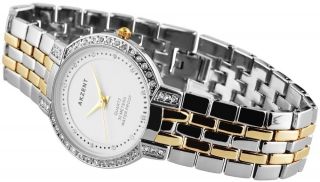 Damen Uhr Akzent Bicolor Weiß Gold Silber Strass Metall Armbanduhr Bild