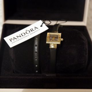 ♥ & Ovp: Pandora Petit Square Damen Armband Uhr Schwarz Gold Diamant Leder ♥ Bild