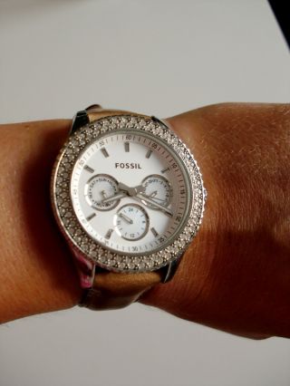 Fossil Uhr Armbanduhr Stella Es2997 Silber Mit Braunem Leder Armband Bild