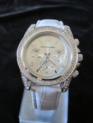 Excellanc Damen - Quartz - Uhr Strass Blingbling Silber Optik Armband Weiss Bild