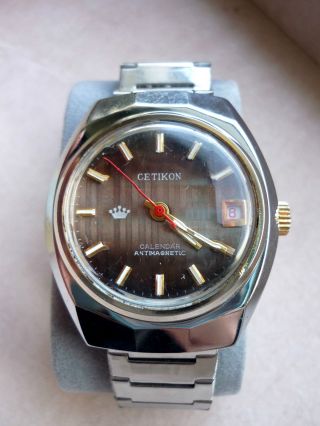 Vintage Herren Armbanduhr Cetikon Calendar Uhr Silber Handaufzug Manuell Bild
