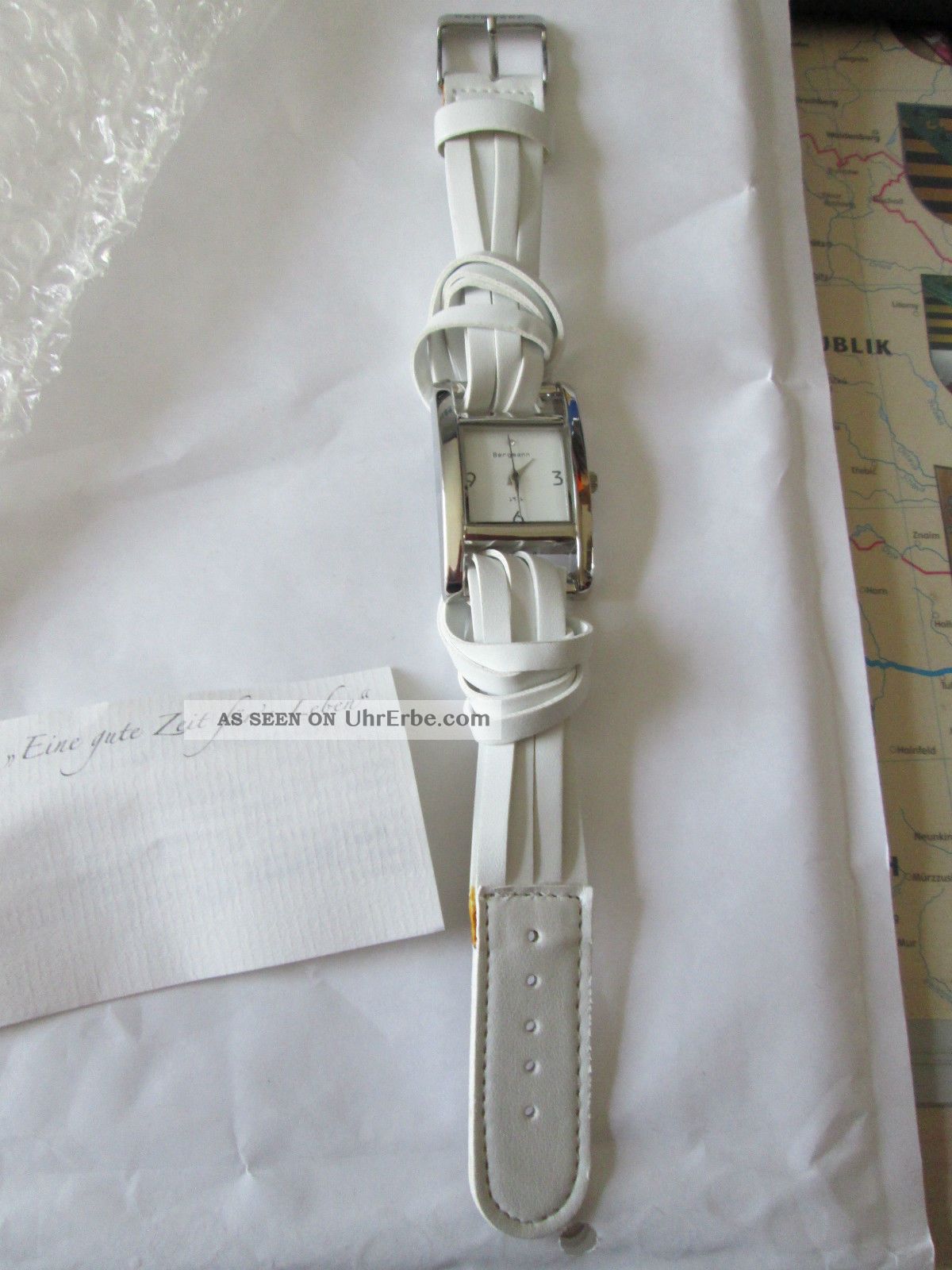 Bergmann 1916 Damen Quarzuhr Mit Stein Armbanduhr Rechteckig Pu - Lederband Weiß Armbanduhren Bild