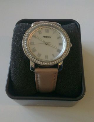 Fossil Damen Uhr Weiß Silber Strass Beige Leder Armbanduhr Es3189 Wie Bild