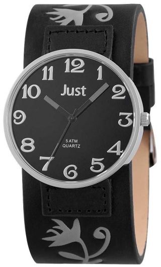 Just Damen Uhr Schwarz Grau Leder 48 - S10249bk - Gr Armbanduhr Xxl Rund Bild