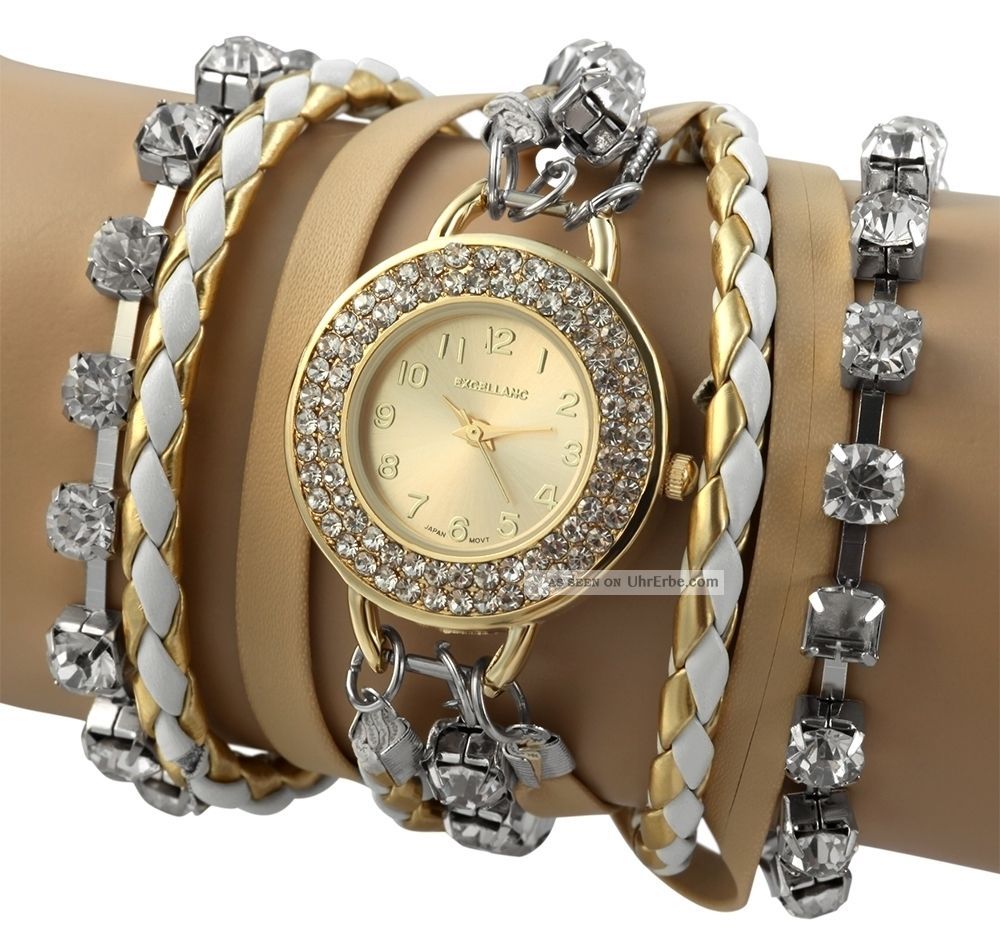 Excellanc Armband Damen Uhr Glitzer Metallic Gold Silber design leder 35 mm 