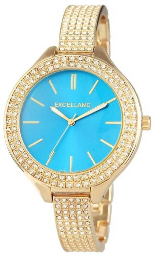 Übergroße Damen Uhr Excellanc Gold Blau Armbanduhr Strass Bild
