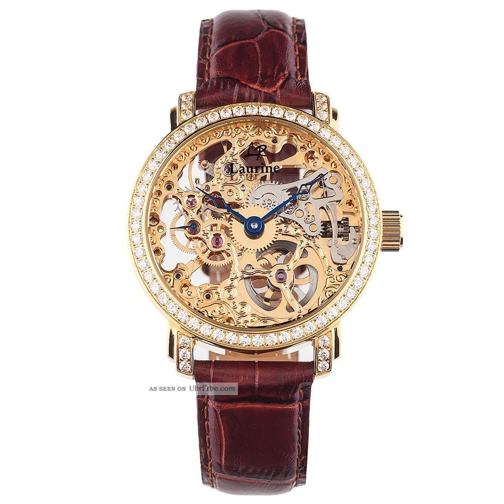 Laurine Kairo Gold Herren Skelett Armbanduhr Mech Handaufzug Kristalle Leder Armbanduhren Bild