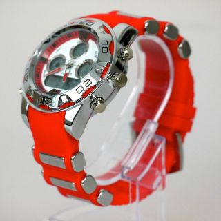 Herren Vive Armband Uhr Silikonband Silber Rot Watch Analog Digital Quarz Bild