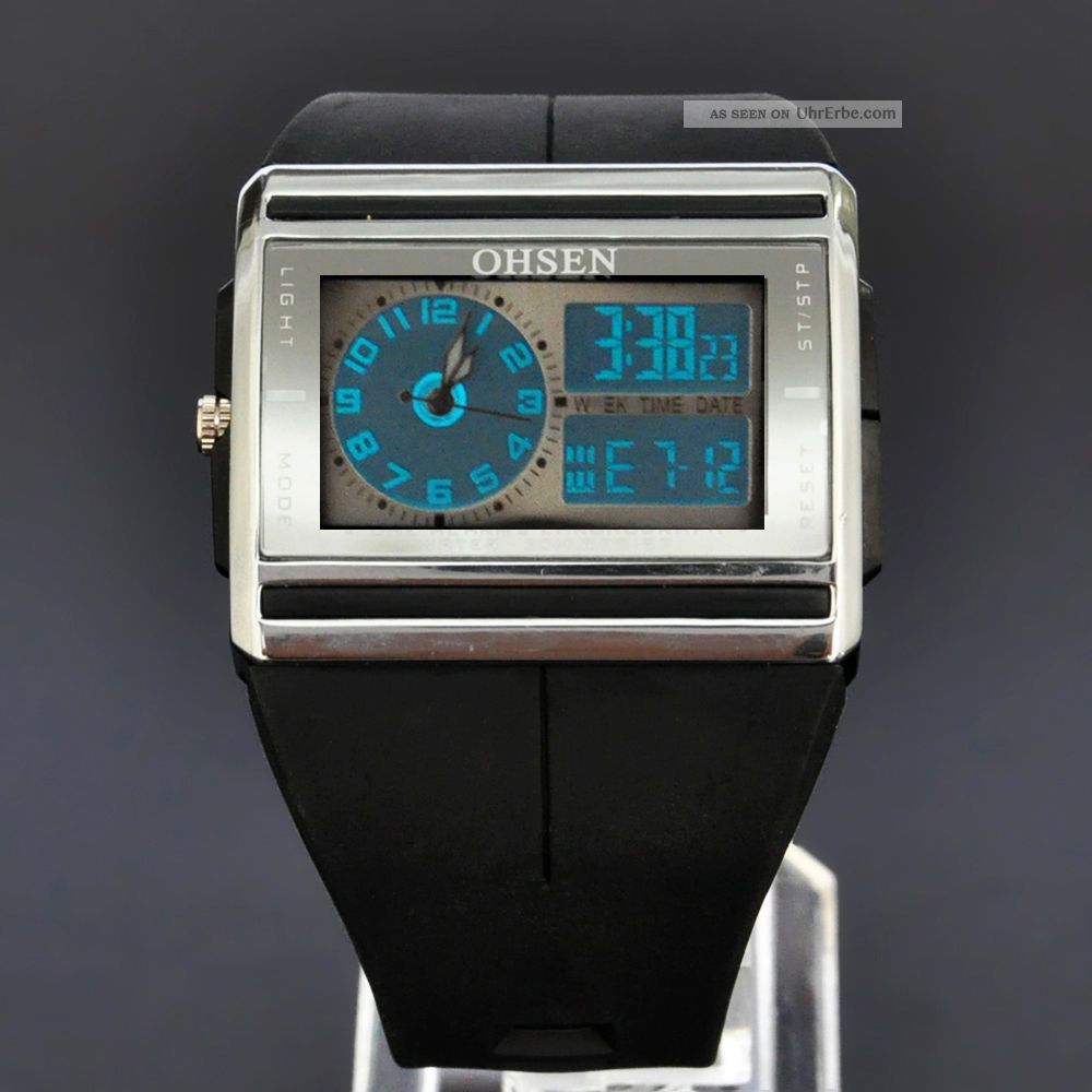 Cool Lcd Licht Ohsen Schwarz Analog Digital Herren Quarz Gummi Armband Uhr Armbanduhren Bild