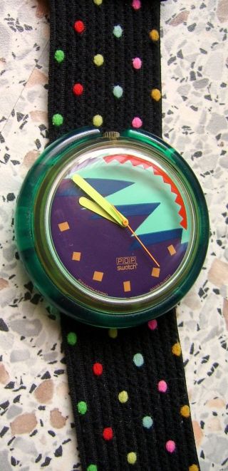 ♥♥ Kultige Pop Swatch 1991 ♥ Schwarz Grün Blau Punkte ♥ Retro Damen Mädchen Uhr Bild