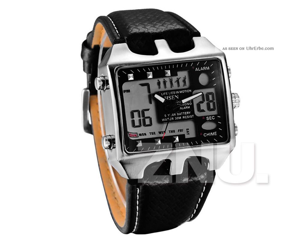 Schwarz Pu - Leder Herrenuhr Sport Uhr Armbanduhr Quarzuhr Sportuhr Watch Uhren Armbanduhren Bild