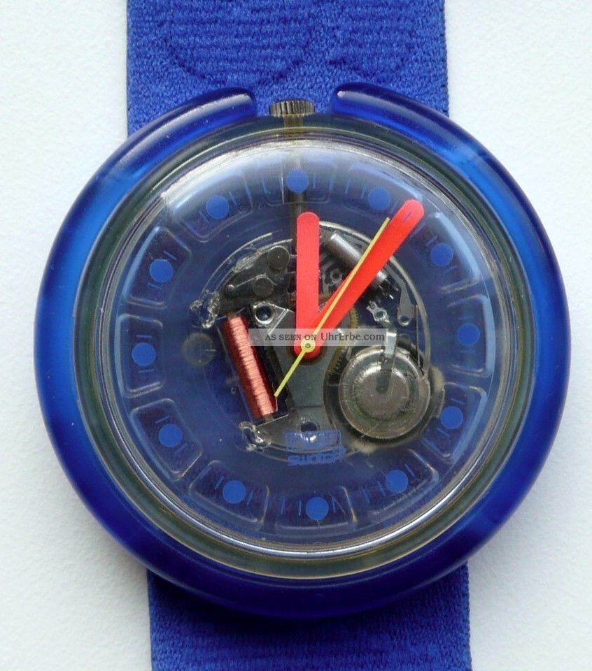 Rar Vintage Swatch Pop Downhill1992 Blaue Swatch Getragen Mit Batterie Armbanduhren Bild