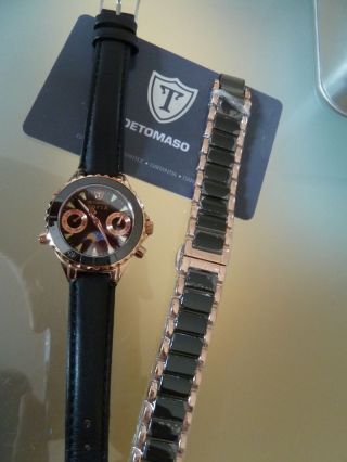 Detomaso Sofia Chronograph Mondphase Armbanduhr,  Lederarmband Schwarz Rose Top Bild