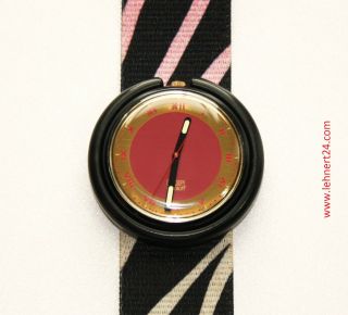 Damenuhr Pop Swatch Armband Schwarz Rot Eta Werk Mit Neuer Batterie Damen Uhr Bild