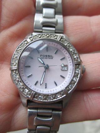 Fossil Armbanduhr Damenuhr Strass Rose Silber Rosa Leder Bild