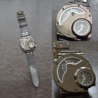 Coole Armbanduhr Groß Doppel Uhrwerk Leder Armband Militärstil Oulm 9591 Japan Bild