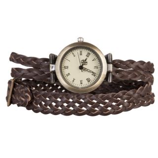 Schicke Uhr Mit Geflochtenem Braunem Lederband,  Vintage - Look,  Wickelarmband Bild