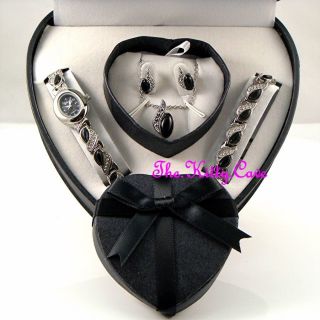 Silber Schwarze Katze Augen Damenuhr Armband Halskette Ohrring Herz Geschenksatz Bild