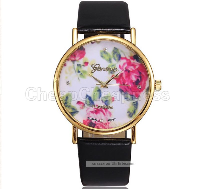 Hohe Qualität Frauen Mädchen Genf Kunstleder Rose Blume Quarz Uhren Armbanduhren Bild