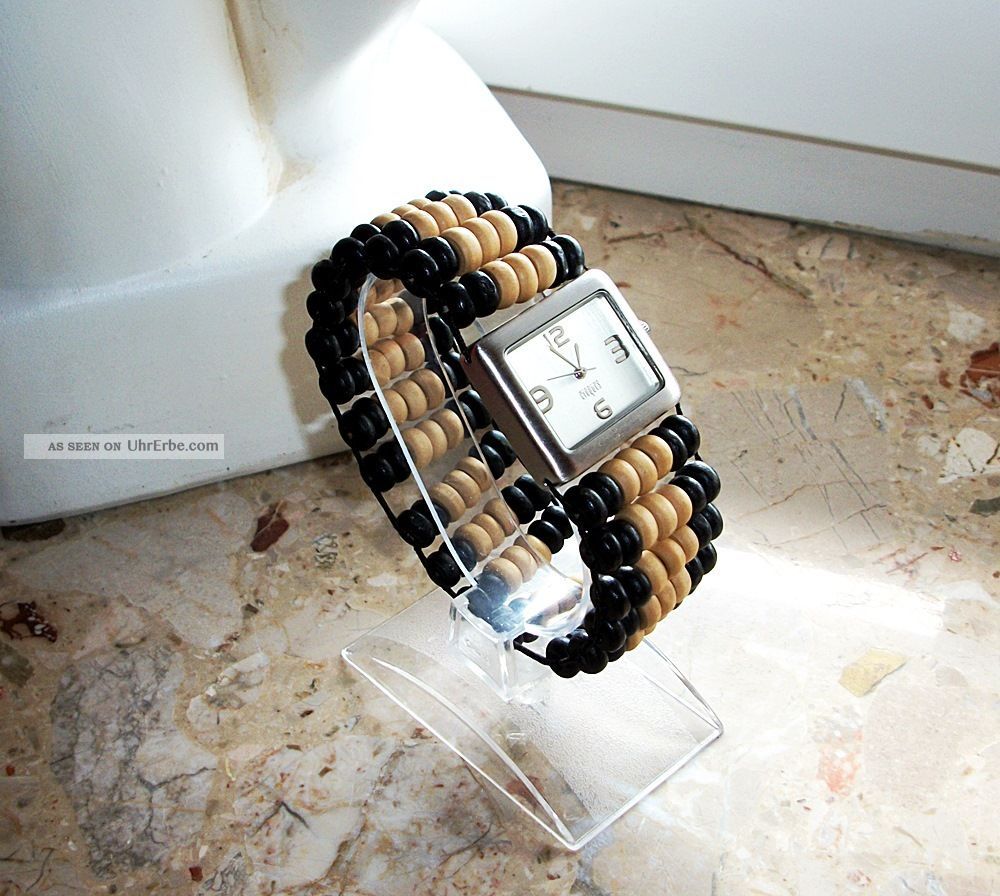 Uhr - Orig.  Croques - Zugband Aus Holzperlen - Edelstahl Gebürstet Oben - Wow Armbanduhren Bild