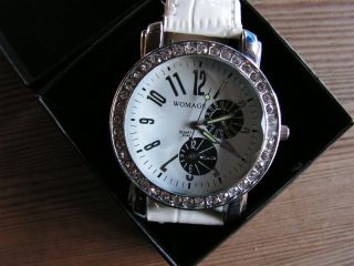 Damen Quartz Strass Leuchtend Pointer Armbanduhr Uhr Kunstleder Weiß Bild