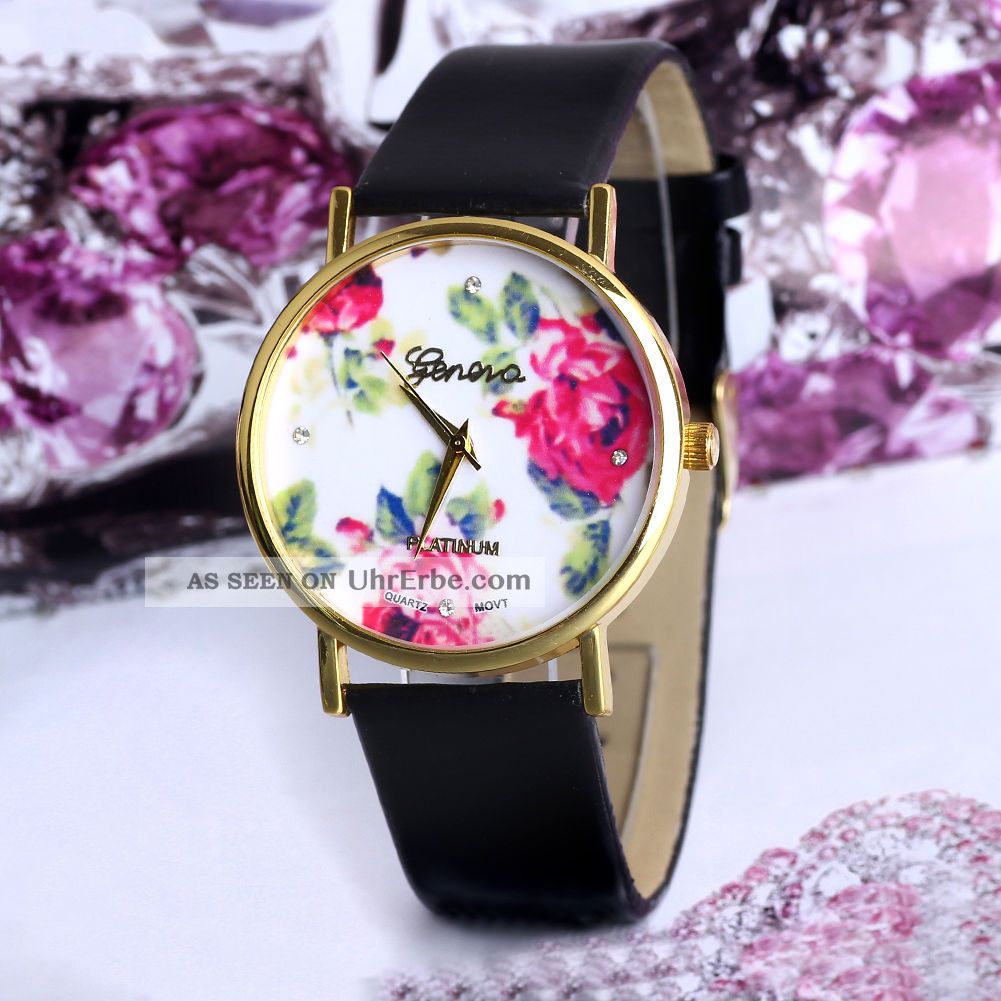 Frauen - Art - Blumen Genf Dial Kunstleder Band Schwarz Analog Quarz - Armbanduhr Armbanduhren Bild