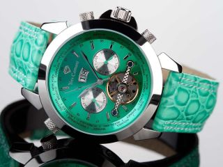Yves Camani Worldtimer Automatik Stahl Grün Yc1029 - E Uhr Armbanduhr Bild