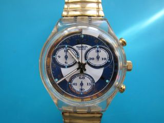 Swatch Chrono Blue Horizon V 1995 Mit Goldenen Stretch Armband Bild