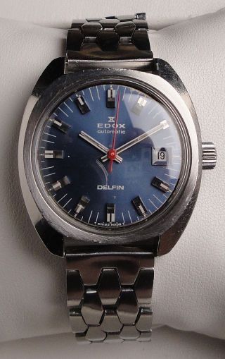 Vintage Armbanduhr Automatic Edox Delfin Mit Blauen Zifferblatt In Edelstahl Bild