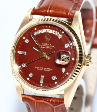 Rolex Day - Date Gold Uhr Ref.  1803 Ca.  1975 Diamantziffernblatt Lederarmband Bild