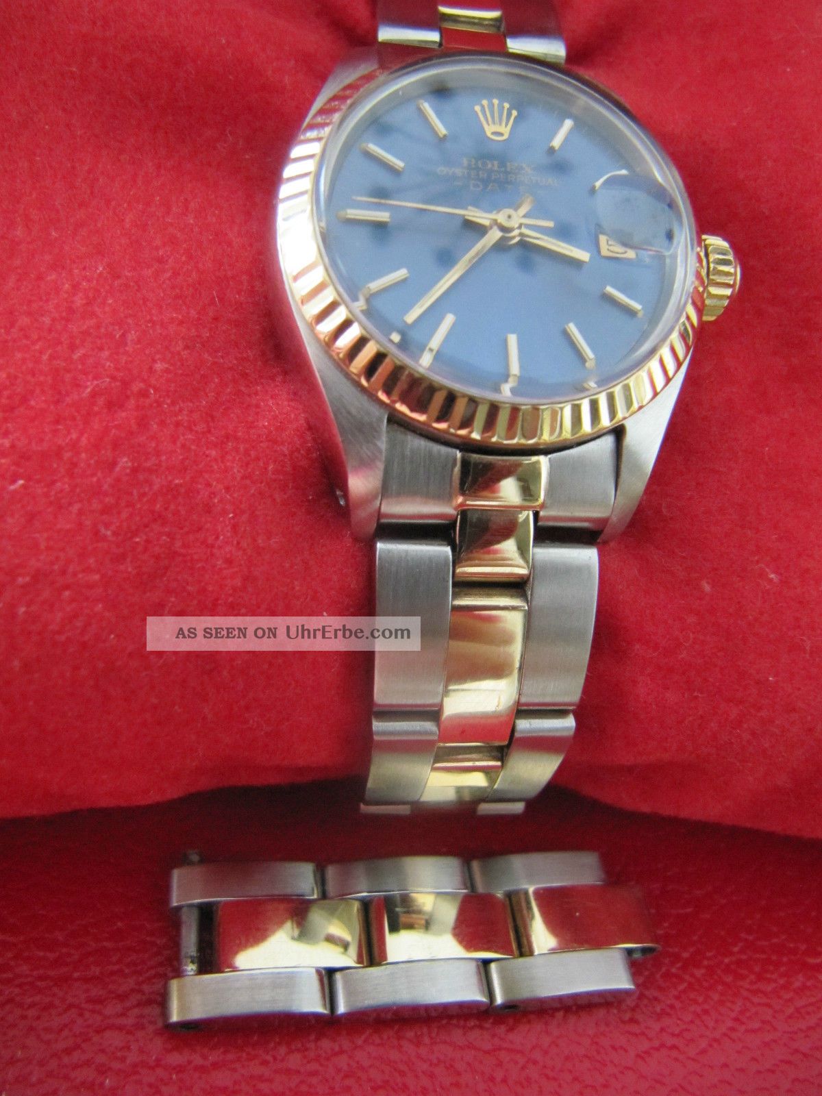 Rolex Oyster Perpetual Date Stahl Gold Blaues Zifferblatt Damenuhr