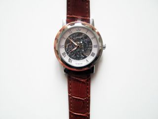 Steampunk Herren Uhr Skelett Mechanisch Armbanduhr Kunstleder Braun Handaufzug Bild