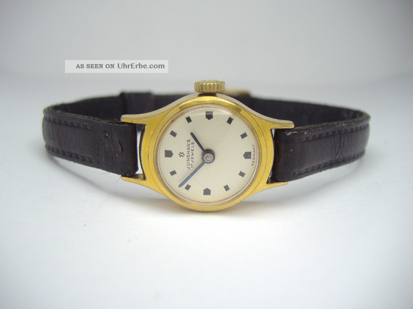 Junghans Goldene Vintage Damenuhr Mit Lederband Um 1960 Armbanduhren Bild