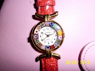 Damenuhr Murano Glas Rotes Lederarmband Echtleder Armbanduhr Wie Mit Etui Bild