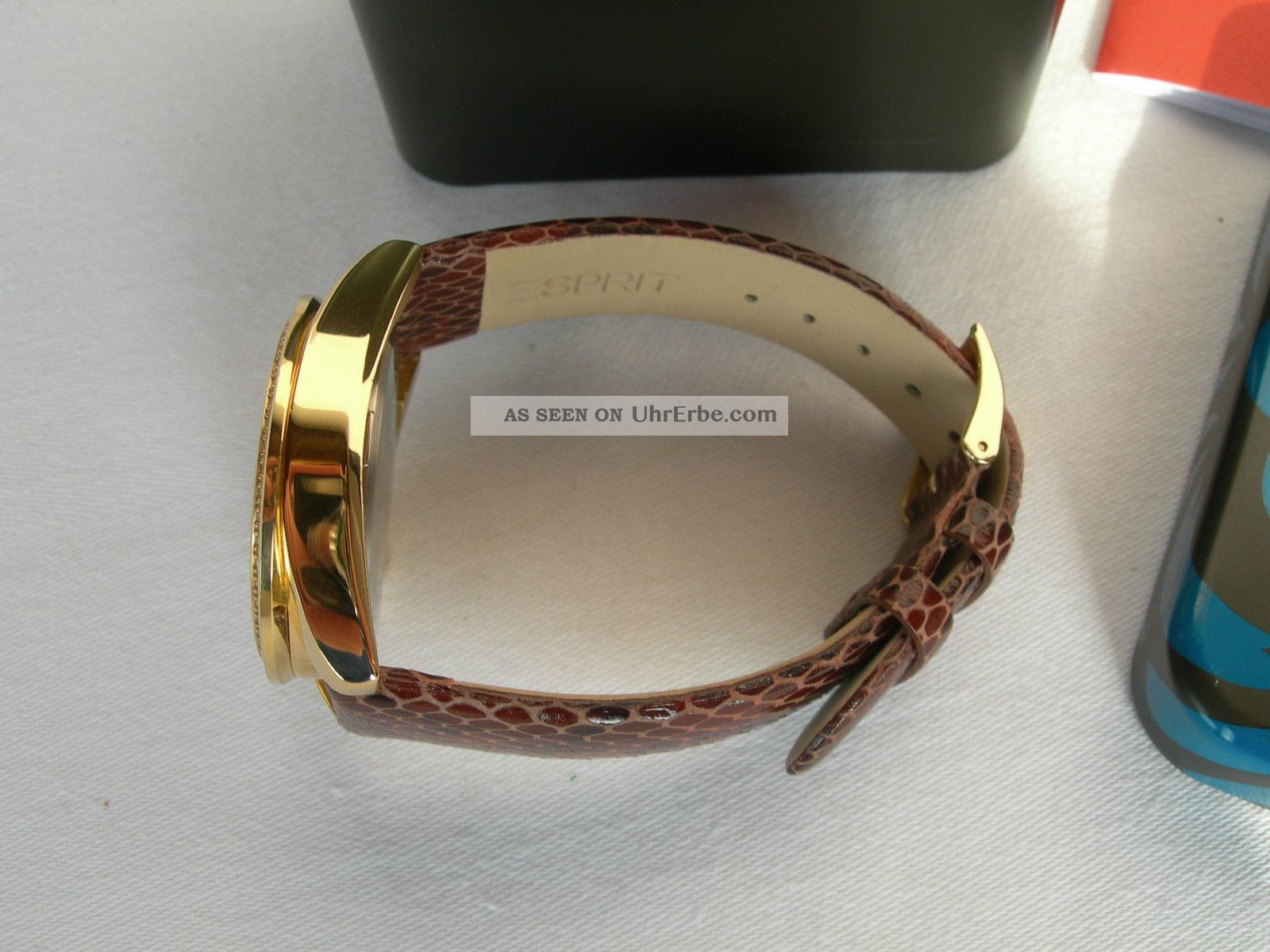 Esprit Damenuhr Gold Mit Zirkonia Und Kroko Lederarmband Braun