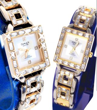 Luxus Damenuhr Edelstahl Omax Strass Armbanduhr Damen Silber Gold Farben Watch Bild