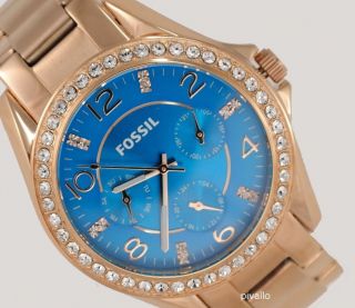 Fossil Riley Damenuhr / Damen Uhr Rose Gold Blau Strass Datum Selten Es3569 Bild