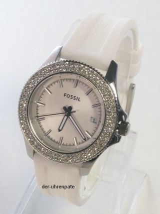Fossil Damenuhr / Damen Uhr Silikonband Weiß Strass Datum 10atm Am4462 Bild