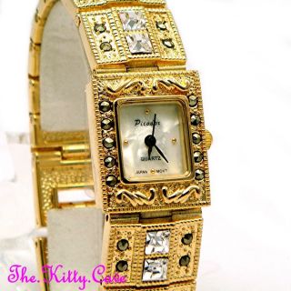 Gold Pltd Deko Vintage Markasit Statement Armband Uhr W/ Swarovski Kristall Bild