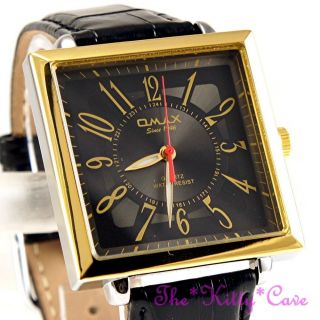 Omax Wasserdicht Quadrat Gold Herren Unisex Zeitgenössischer Schwarz Leder Uhr Bild
