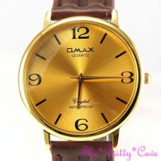 Omax Wasserdicht Gold Klassisch Unisex Seiko Y121 Werk Braun Leder Armbanduhr Bild